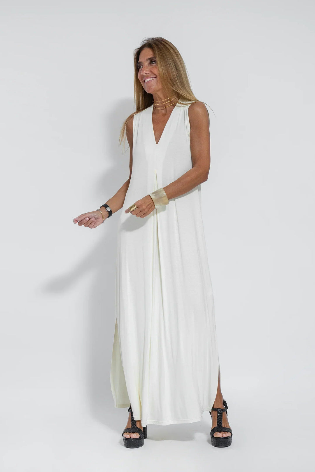Michelle | Damen Ärmelloses Sommer Maxikleid mit tiefem V-Ausschnitt