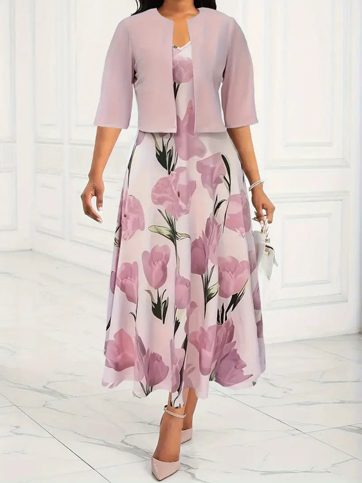 Sofia | Damen Elegant Blumenmuster V-Ausschnitt Maxikleid Set