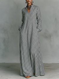 Juliana | Damen Kariertes Langarm Maxikleid mit V-Ausschnitt
