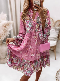 Lucia | Damen Geblümtes Boho Midikleid mit V-Ausschnitt und Langarm