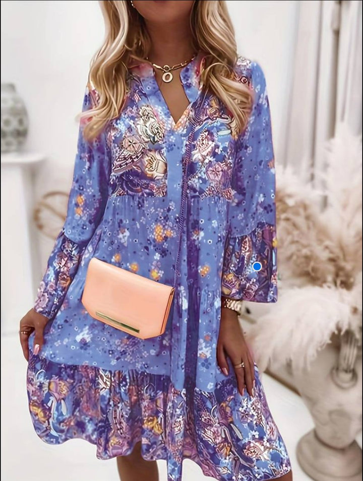 Lucia | Damen Geblümtes Boho Midikleid mit V-Ausschnitt und Langarm