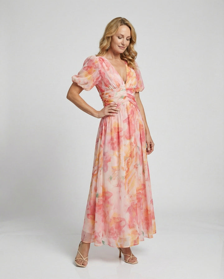 Cornelia | Damen Wickel-Maxikleid mit Puffärmeln und femininem Schnitt