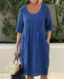 Alina | Damen Sommer Runder Ausschnitt Taschen Midikleid