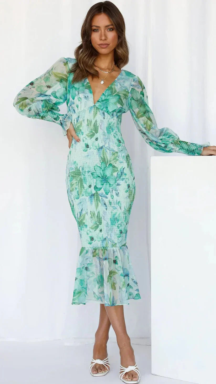 Fiona | Damen Sommer V-Ausschnitt Hochzeitsgastkleid