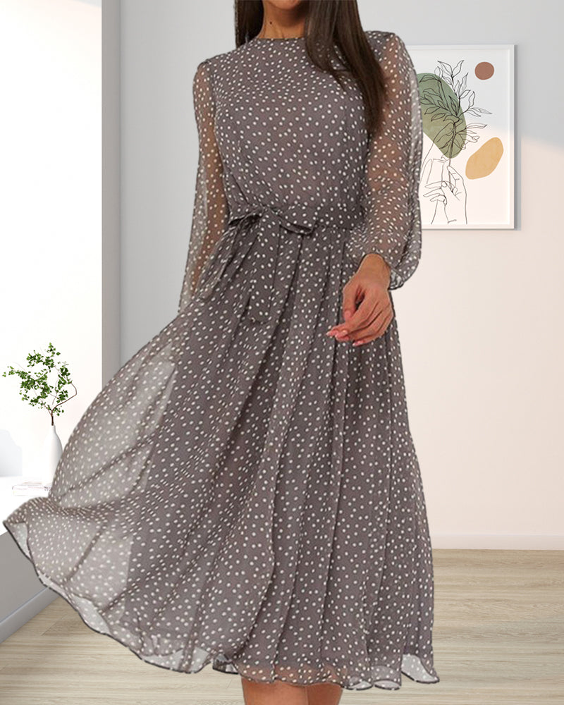 Zoe | Damen Luftiges A-Linien Langärmeliges Midikleid mit Punkten