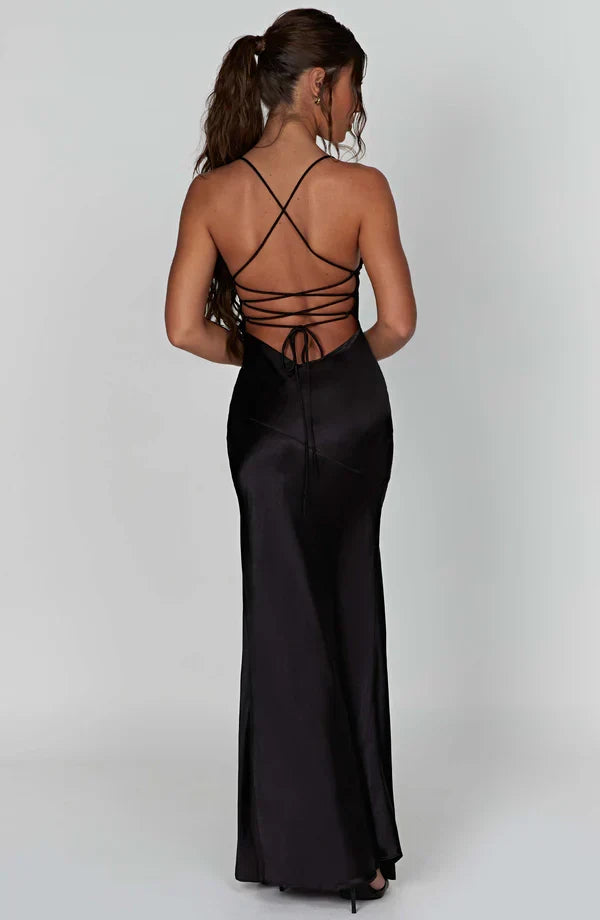Cosima | Damen Satin Hochzeitsgäst V-Ausschnitt Maxikleid