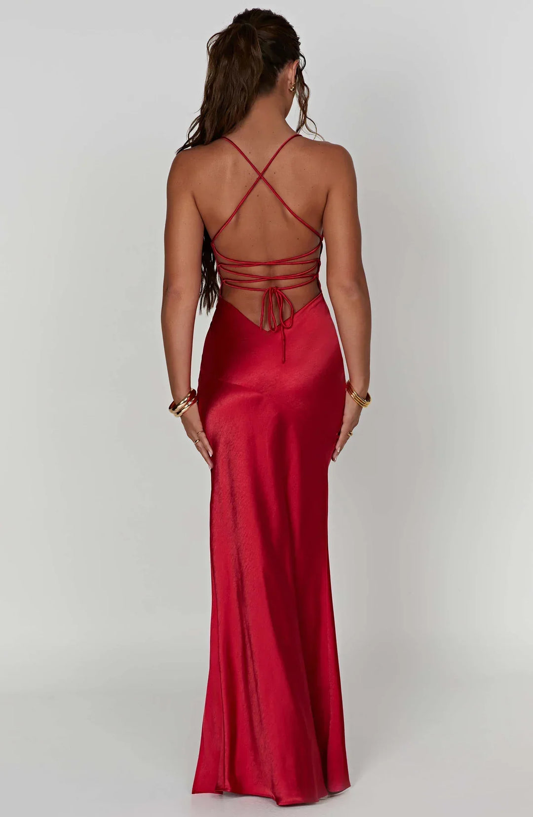 Cosima | Damen Satin Hochzeitsgäst V-Ausschnitt Maxikleid