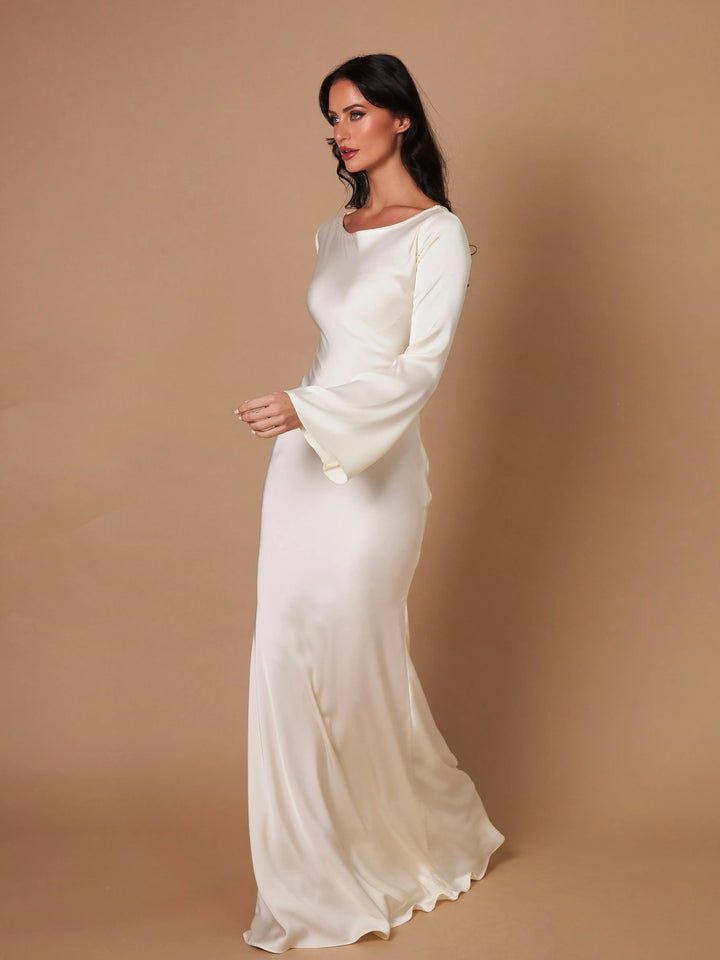 Katja | Damen Elegantes Satin Maxikleid mit langen Ärmeln