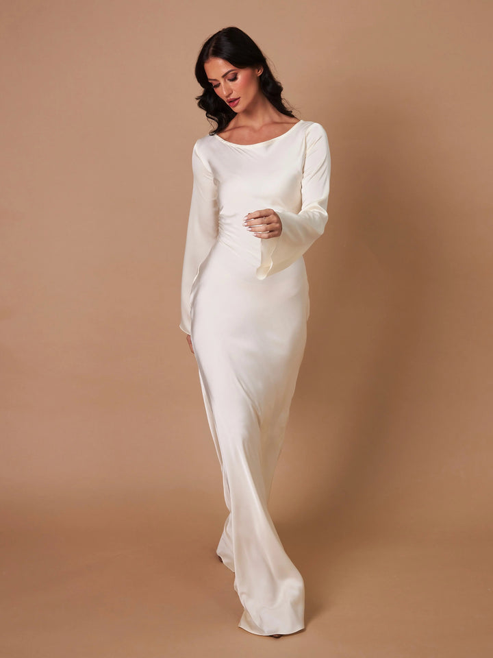 Katja | Damen Elegantes Satin Maxikleid mit langen Ärmeln