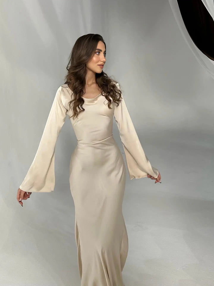 Katja | Damen Elegantes Satin Maxikleid mit langen Ärmeln