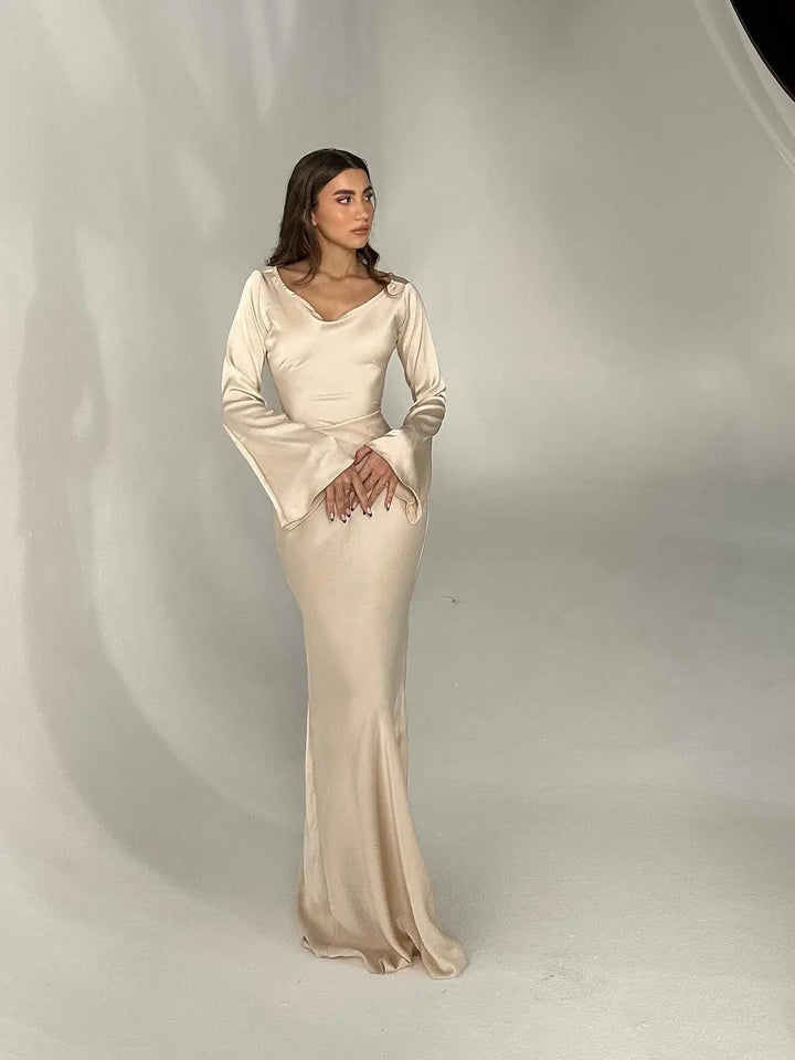 Katja | Damen Elegantes Satin Maxikleid mit langen Ärmeln