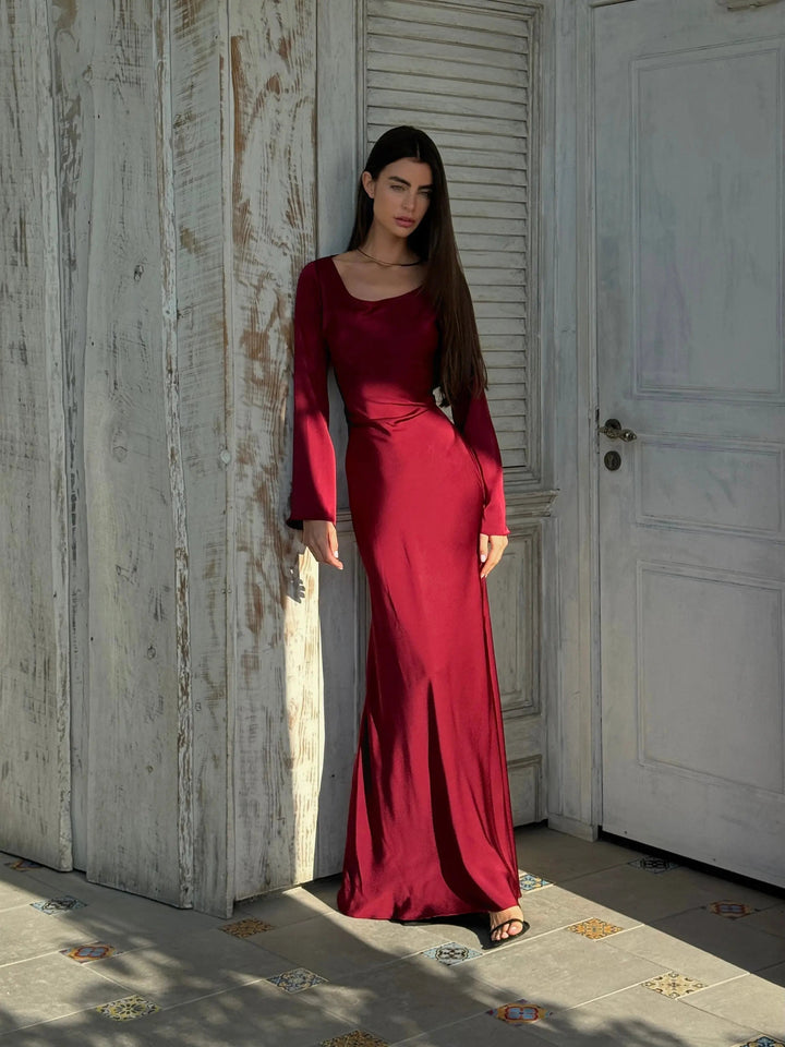 Katja | Damen Elegantes Satin Maxikleid mit langen Ärmeln