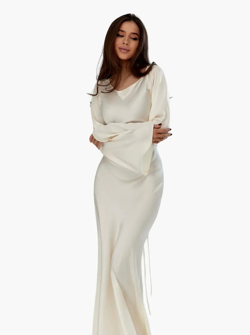 Katja | Damen Elegantes Satin Maxikleid mit langen Ärmeln