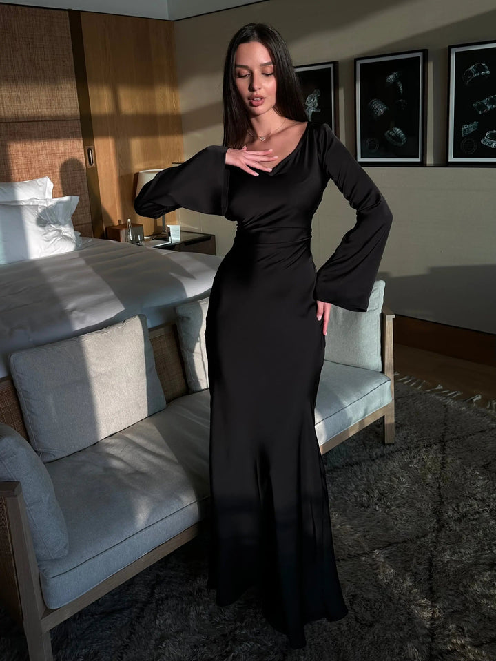 Katja | Damen Elegantes Satin Maxikleid mit langen Ärmeln