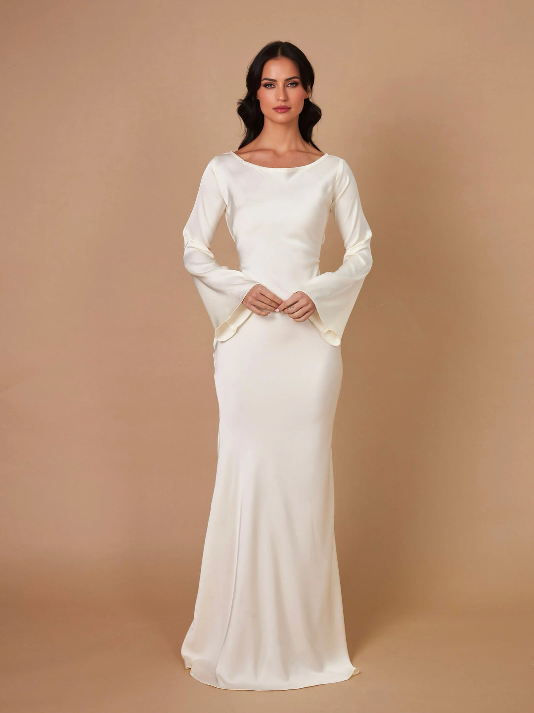 Katja | Damen Elegantes Satin Maxikleid mit langen Ärmeln
