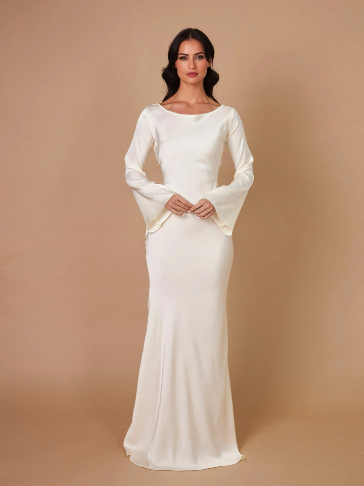 Katja | Damen Elegantes Satin Maxikleid mit langen Ärmeln