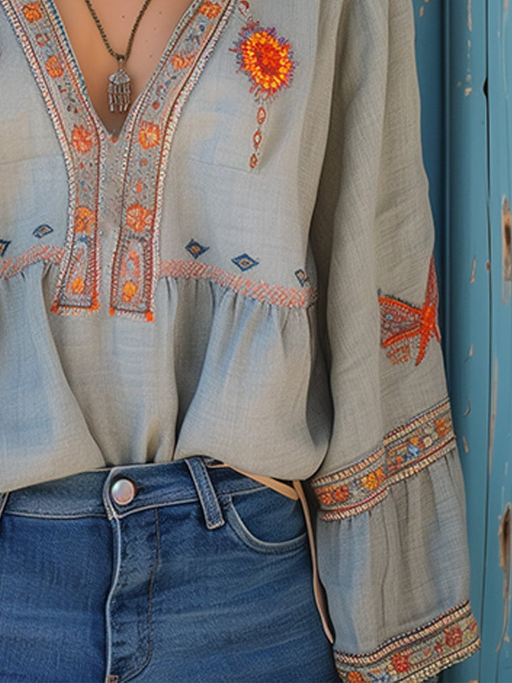 Elin | Damen Casual Boho-Bluse Mit V-Ausschnitt