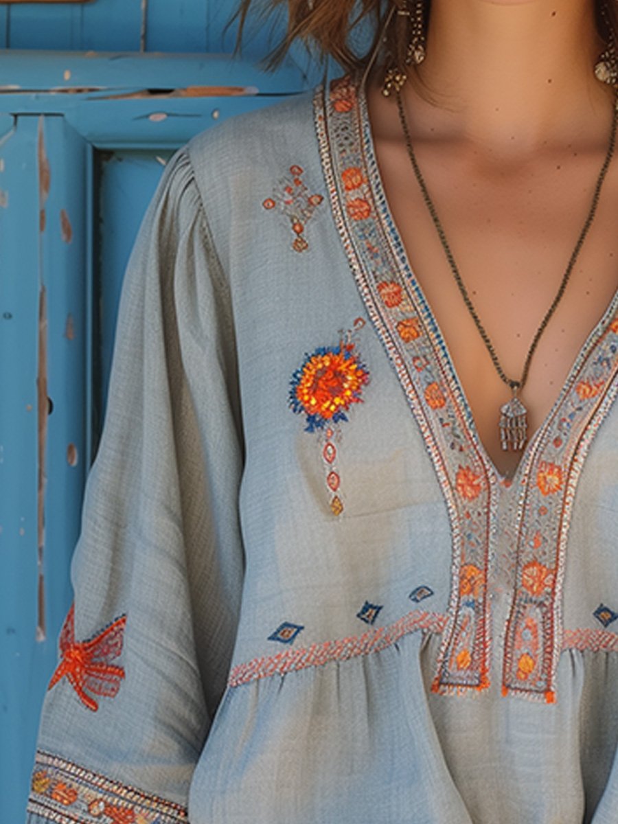 Elin | Damen Casual Boho-Bluse Mit V-Ausschnitt