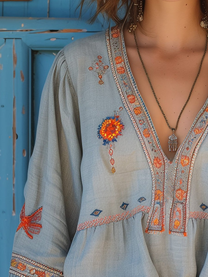 Elin | Damen Casual Boho-Bluse Mit V-Ausschnitt