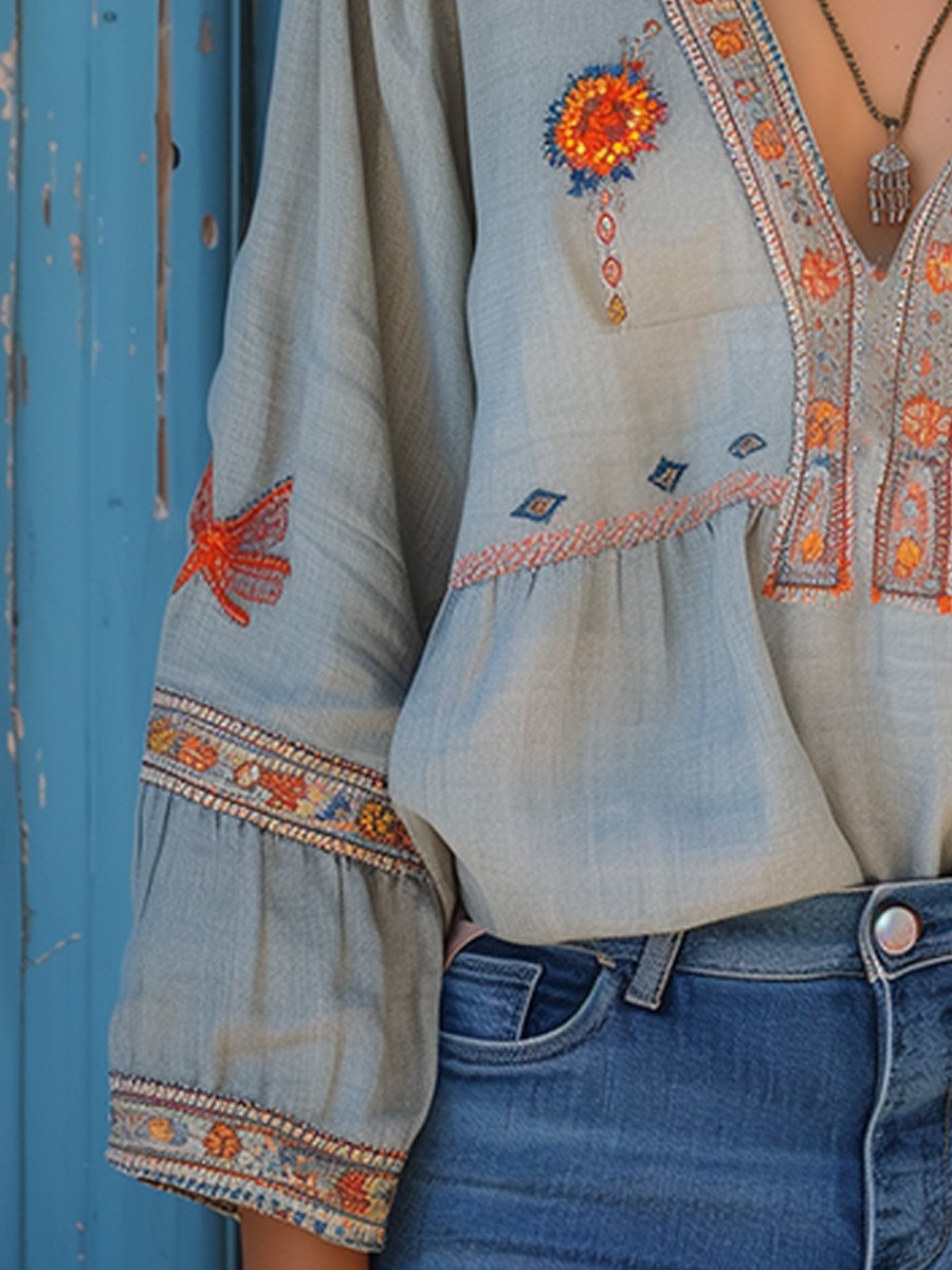 Elin | Damen Casual Boho-Bluse Mit V-Ausschnitt