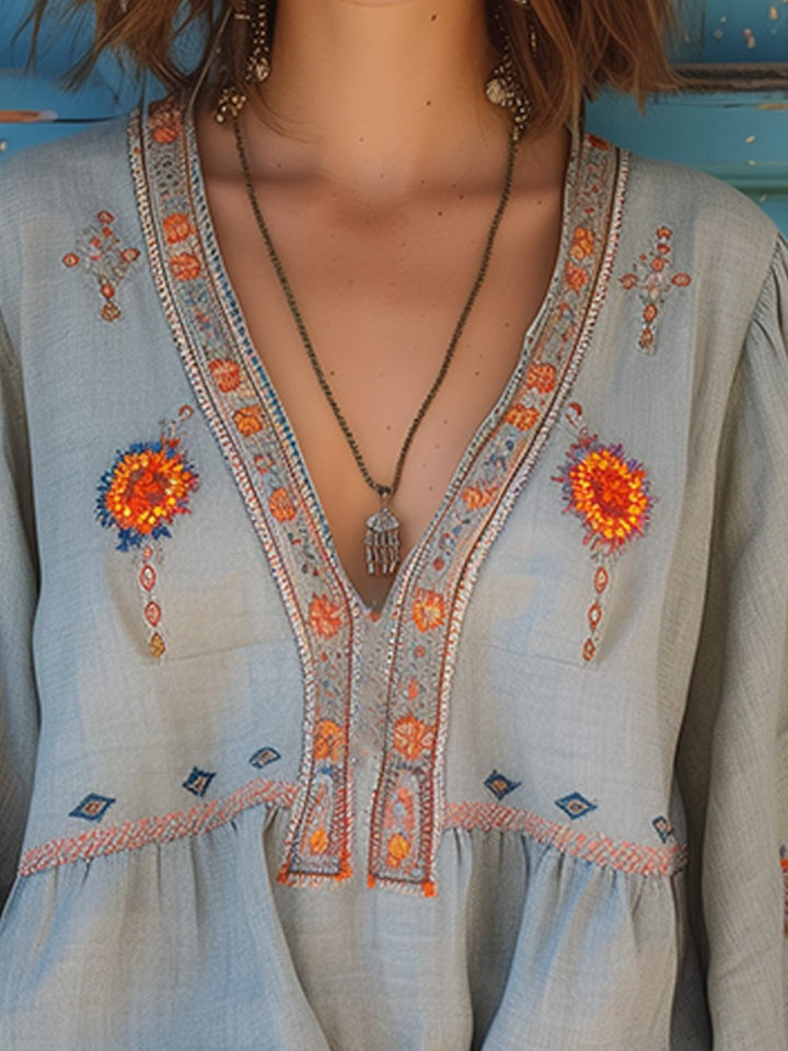 Elin | Damen Casual Boho-Bluse Mit V-Ausschnitt