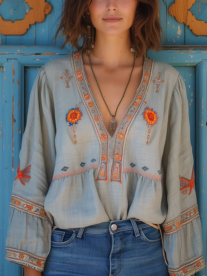 Elin | Damen Casual Boho-Bluse Mit V-Ausschnitt