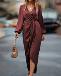 Rosa | Damen Elegantes V-Ausschnitt Satin Kleid mit langen Ärmeln