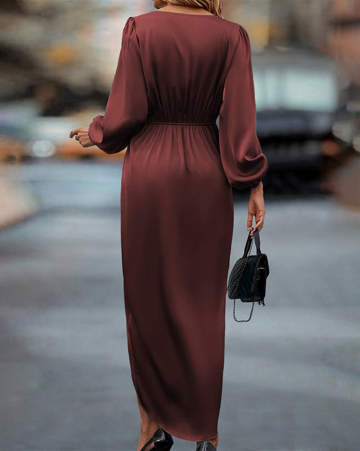 Rosa | Damen Elegantes V-Ausschnitt Satin Kleid mit langen Ärmeln