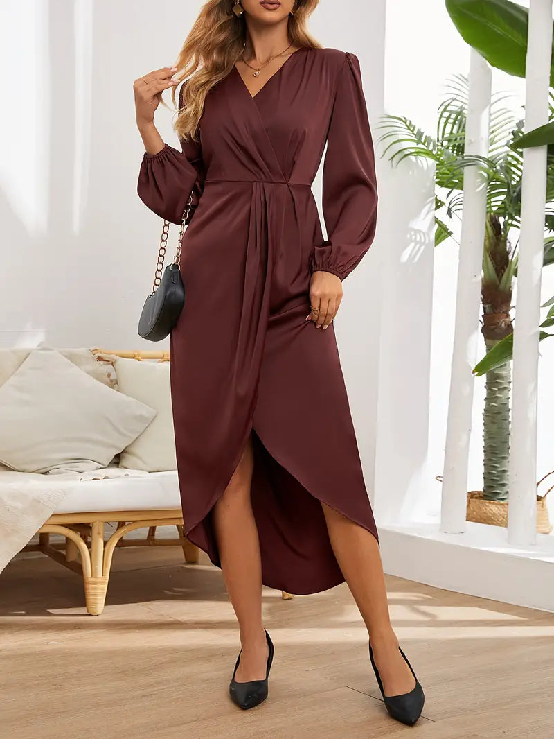 Rosa | Damen Elegantes V-Ausschnitt Satin Kleid mit langen Ärmeln