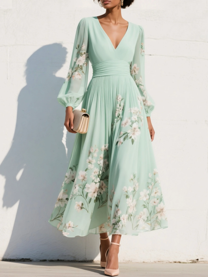 Louisa | Damen Florales V-Ausschnitt Sommerkleid mit Langen Ärmeln