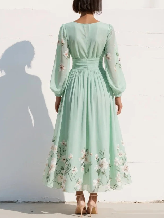 Louisa | Damen Florales V-Ausschnitt Sommerkleid mit Langen Ärmeln