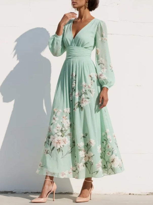 Louisa | Damen Florales V-Ausschnitt Sommerkleid mit Langen Ärmeln