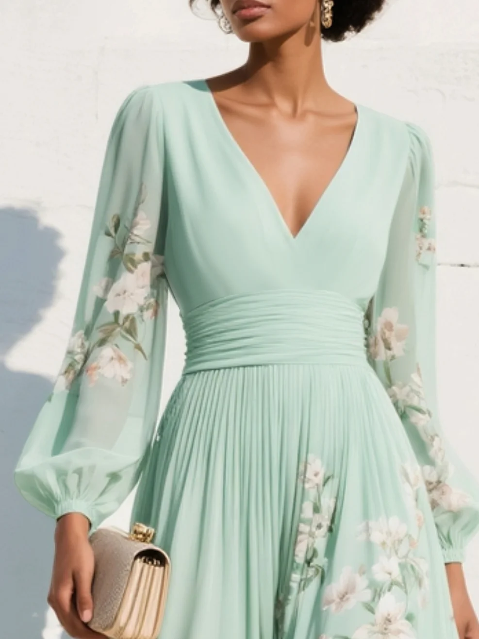 Louisa | Damen Florales V-Ausschnitt Sommerkleid mit Langen Ärmeln