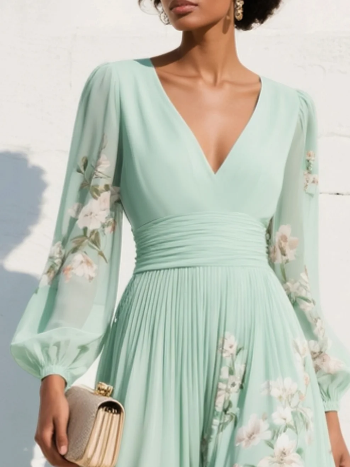 Louisa | Damen Florales V-Ausschnitt Sommerkleid mit Langen Ärmeln