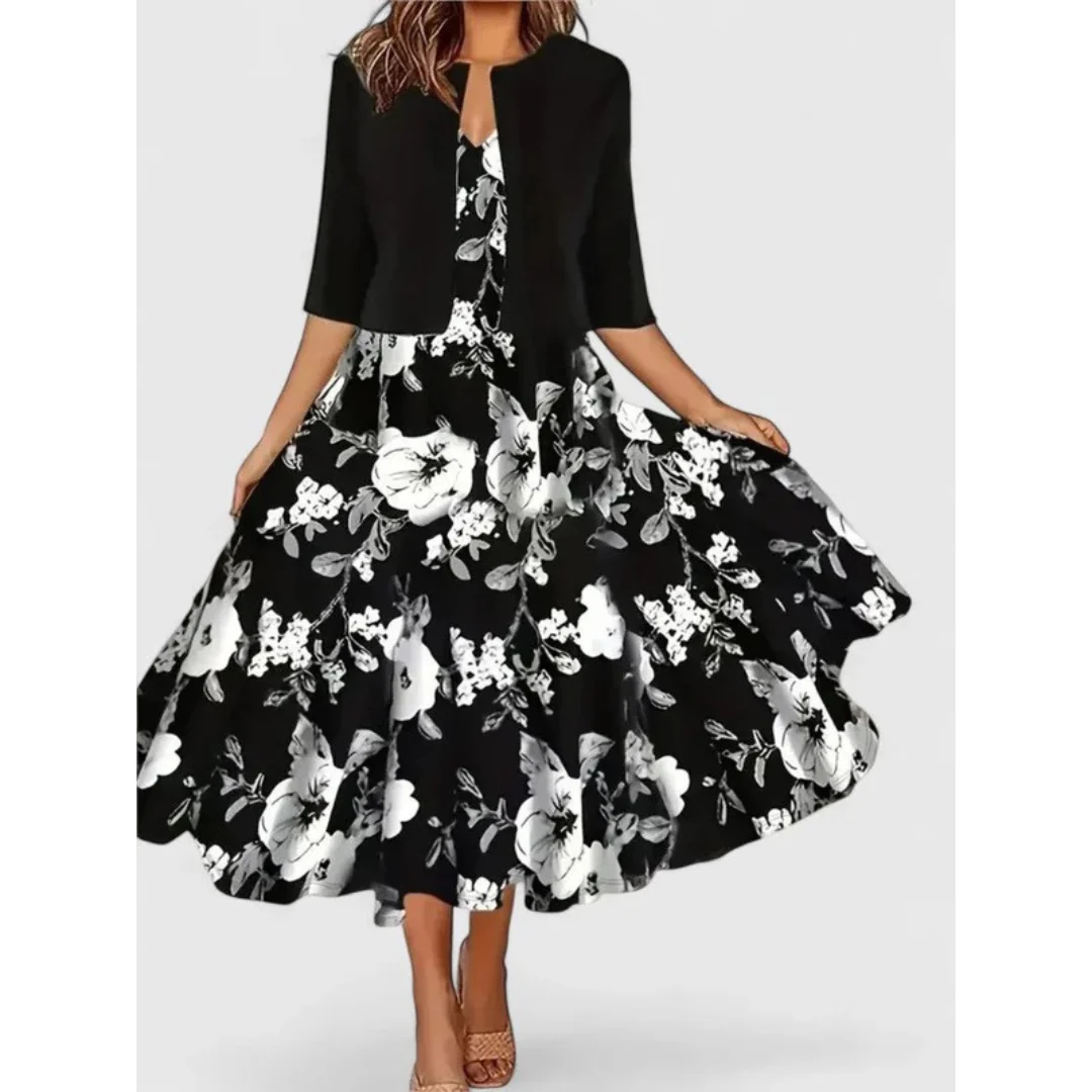 Meike | Damen Boho Midikleid Mit Kurzem Cardigan