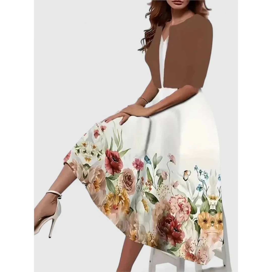 Meike | Damen Boho Midikleid Mit Kurzem Cardigan