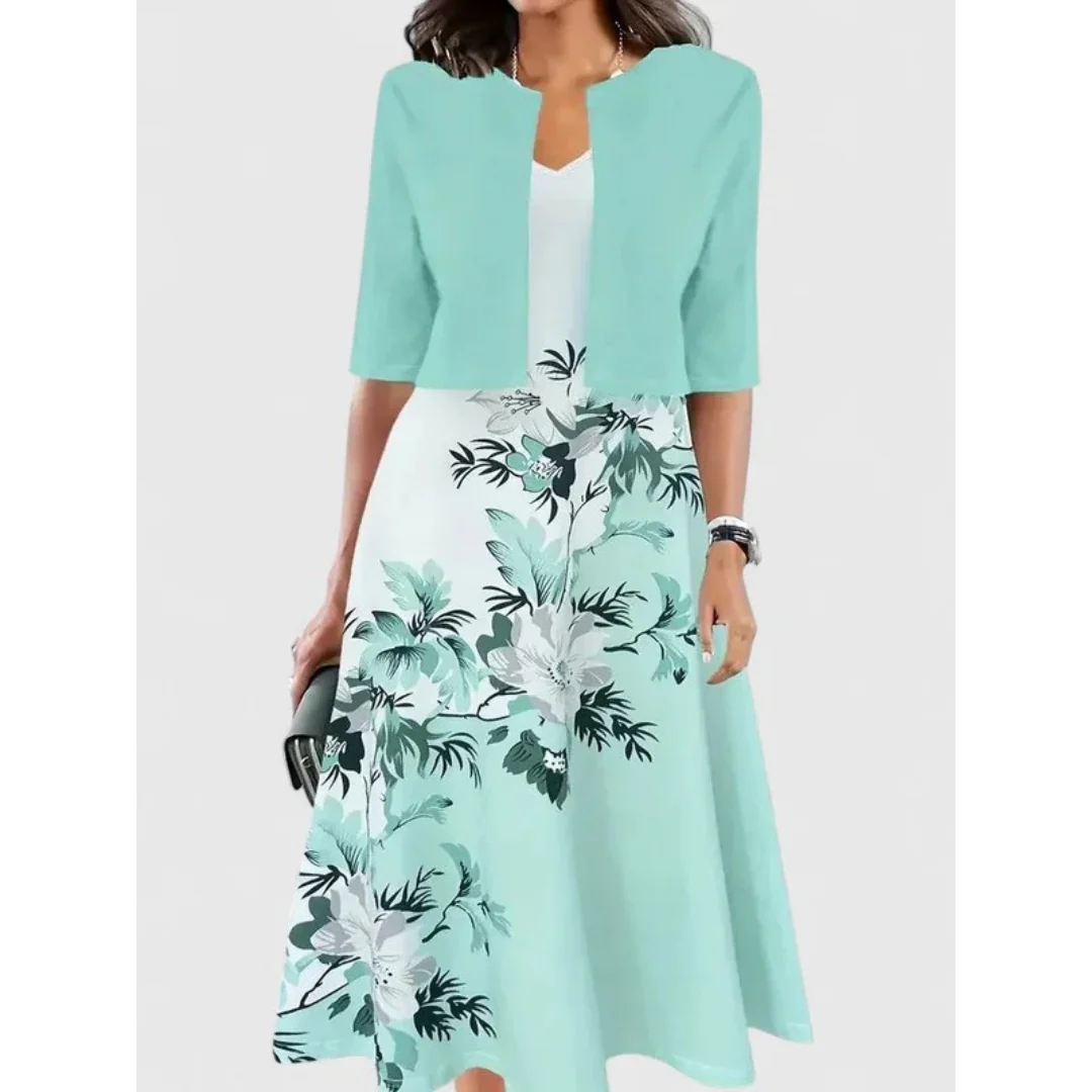 Meike | Damen Boho Midikleid Mit Kurzem Cardigan