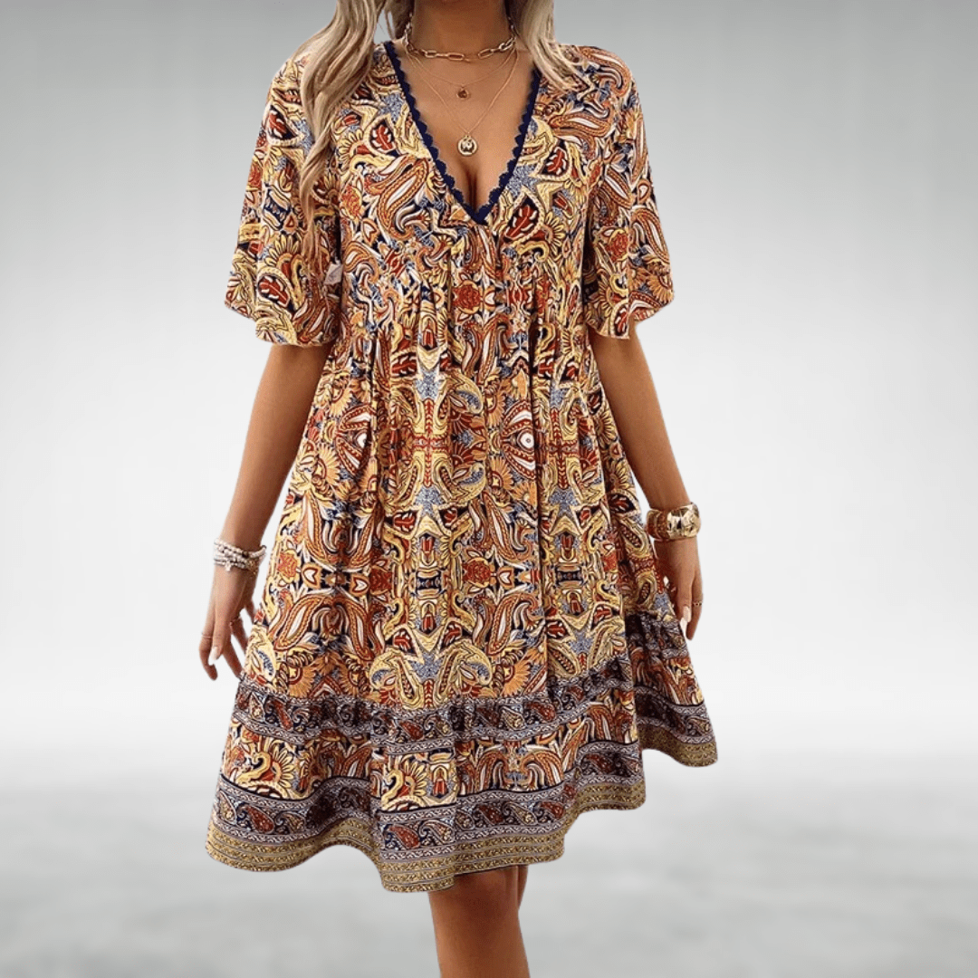 Lena | Damen Boho Chic V-Ausschnitt Elastischer Saum Midikleid