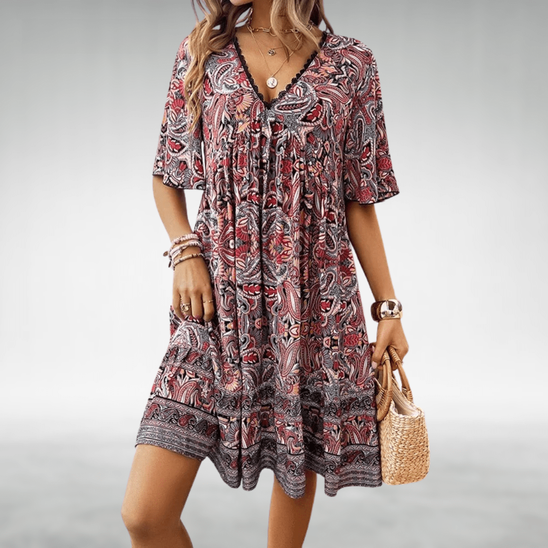 Vivienne | Damen Boho V-Ausschnitt Midikleid