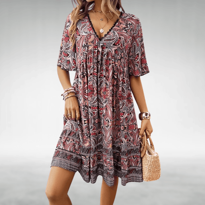 Vivienne | Damen Boho V-Ausschnitt Midikleid