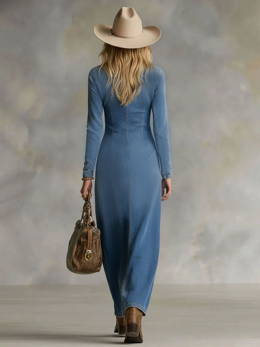 Serena | Damen Elegantes Denim V-Ausschnitt Maxikleid mit Knopfleiste