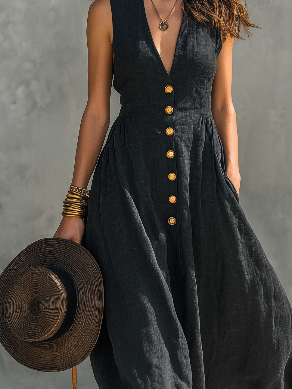 Vanessa | Abito lungo casual da donna con scollo a V senza maniche nero