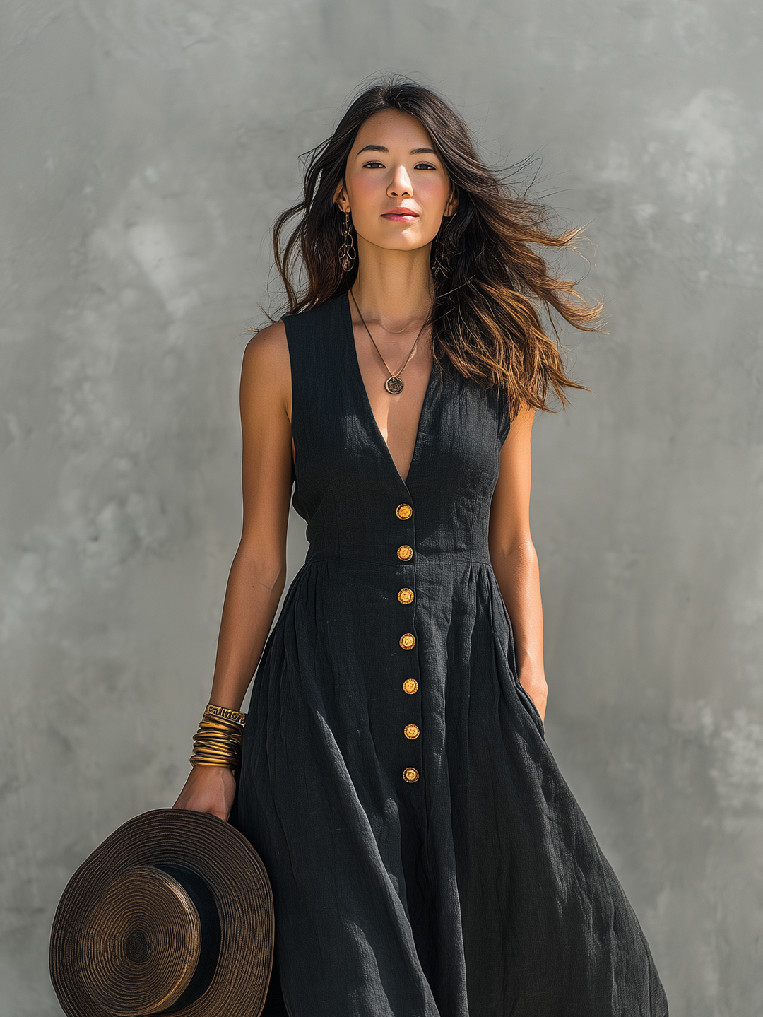 Vanessa | Abito lungo casual da donna con scollo a V senza maniche nero