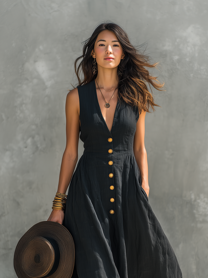 Vanessa | Abito lungo casual da donna con scollo a V senza maniche nero