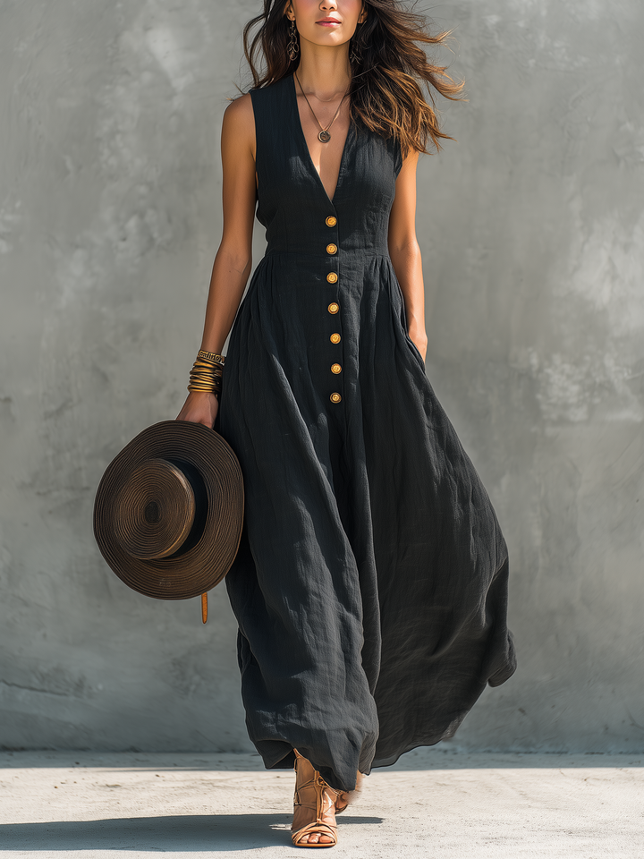 Vanessa | Abito lungo casual da donna con scollo a V senza maniche nero