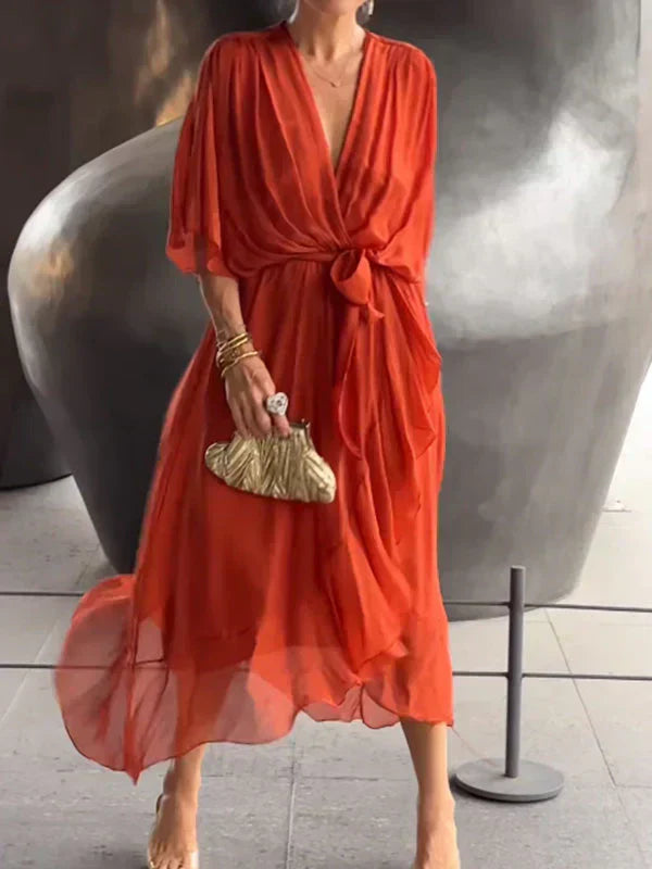 Mia | Damen Sommer Maxikleid | V-Ausschnitt mit fließendem Schnitt