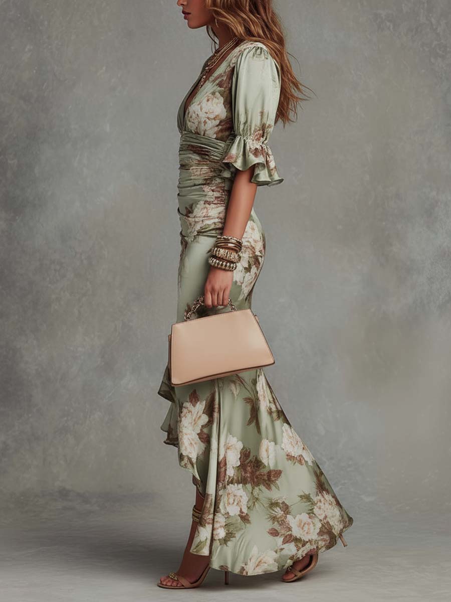 Mailin | Damen Elegant Florales Asymmetrisches Rüschenkleid