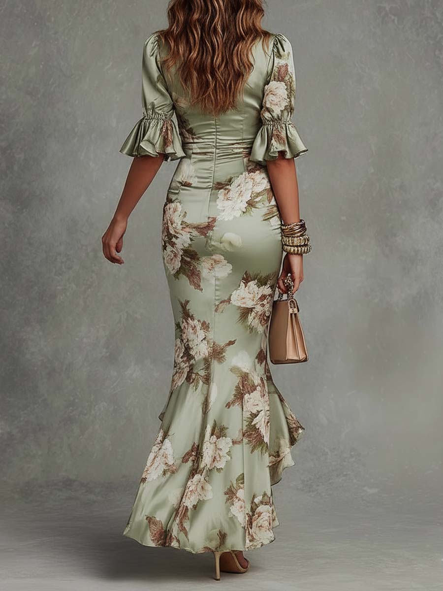 Mailin | Damen Elegant Florales Asymmetrisches Rüschenkleid