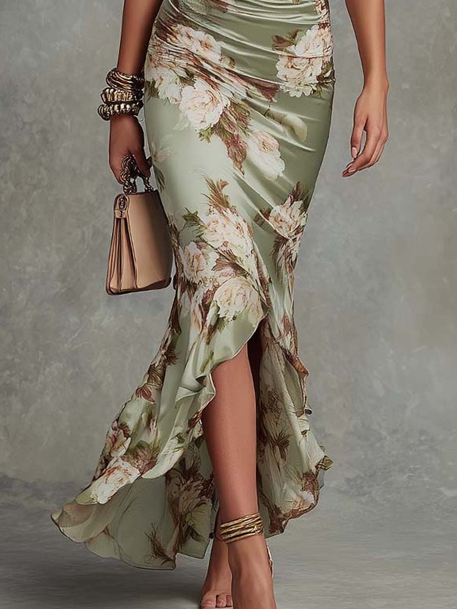 Mailin | Damen Elegant Florales Asymmetrisches Rüschenkleid