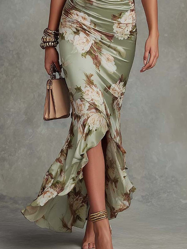Mailin | Damen Elegant Florales Asymmetrisches Rüschenkleid